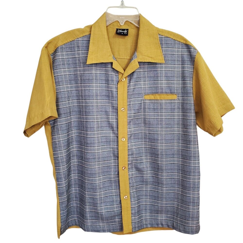 Steady Mens Size Small Button-Up Shirt Retro Bowling Tartan Plaid Mustard Yellow